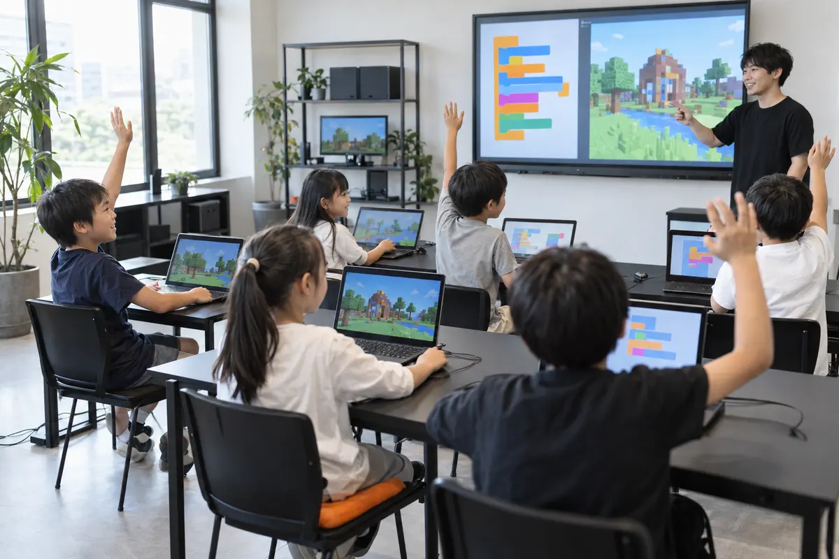 明るい教室で、先生が大きな画面を使ってプログラミングを教え、子どもたちがノートパソコンに向かっている授業のようす（イメージ）